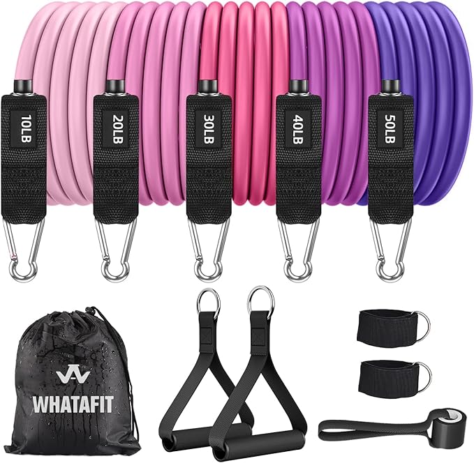 WHATAFIT Resistance Bands, Exercise Bands, Workout Bands with Handles, Door Anchor and Ankle Straps, 5 Resistance Levels Fitness Bands for Strength Training, Physical Therapy, and Home Gym Equipment