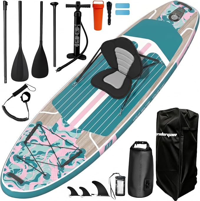 11ft Inflatable Stand Up Paddle Board, Wood Grain Ultra Lightweight SUP, 430lb Capacity for Adults Youth Family, for Fishing Surfing Camping, Includes Backpack & Pump