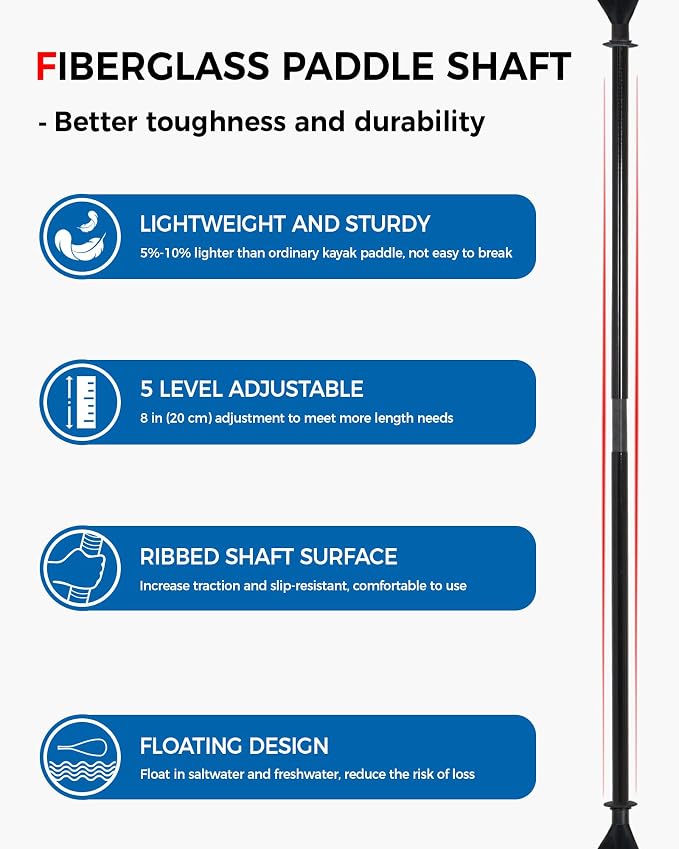 Kayak Paddle with Fiberglass Shaft and Reinforced Nylon Blade, Adjustable Kayaking Oars, 3 Piece, 230-250 cm/90-98 inches, 210-230 cm/82-90 inches