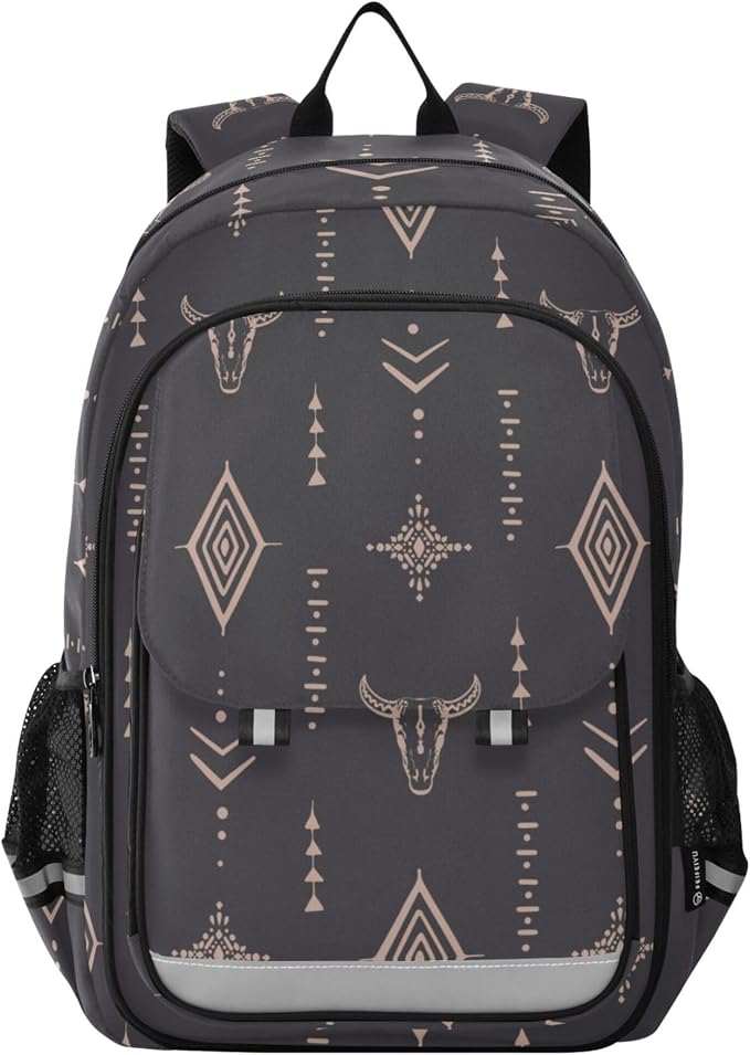 Fisyme Boho Bull Skull School Backpack Laptop Backpack Bags Bookbag Travel Casual Computer Notebooks Daypack