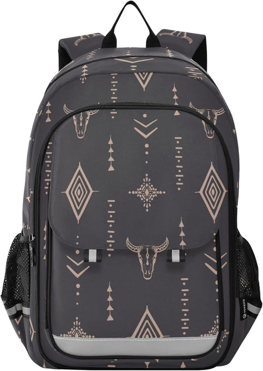 Fisyme Boho Bull Skull School Backpack Laptop Backpack Bags Bookbag Travel Casual Computer Notebooks Daypack