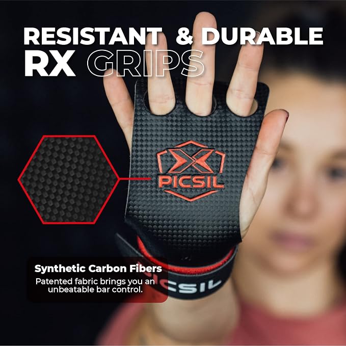 PICSIL - RX Grips | Synthetic Workout & Gymnastics Grips | Ultra-Resistant Carbon Fibre for Cross Training | Helps Prevent Tears & Blisters | Carbon Fibre Material | Use wiht Chalk |