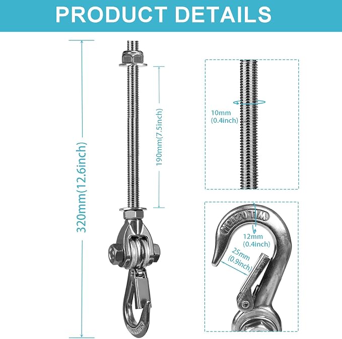 Heavy Duty Swing Hanger 180° with Stainless Steel Swing Hook 800LBS Capacity Playground Swing Seat Hardware Hammock Chair Porch Swing