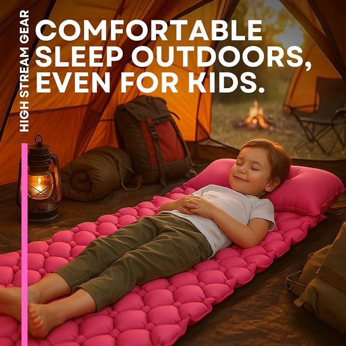 Kids Sleeping Pad for Camping and Sleepovers with Pillow, Inflatable Camping Mattress for Backpacking & Travel, Thick Toddler Cot Mat, Fast Inflating Camping Sleeping Pads for Kids