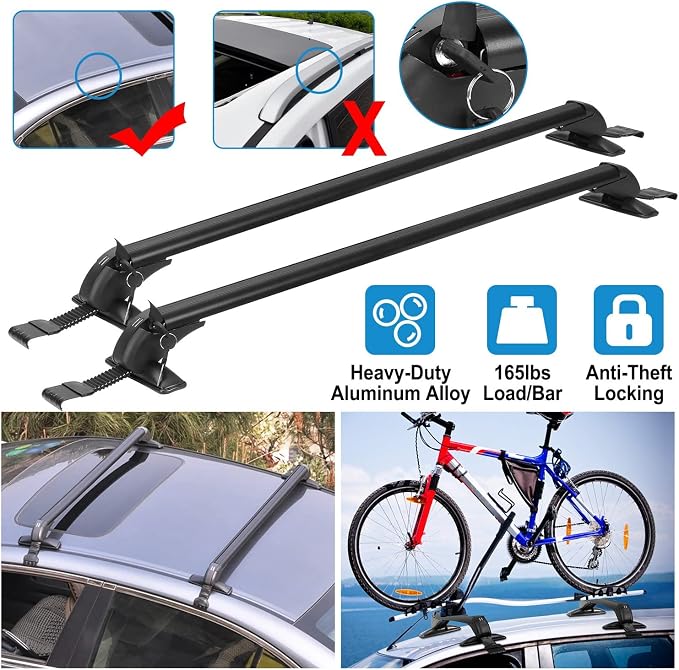 Universal Roof Rack Crossbars, 43" Aluminum Crossbars with Anti-Theft Lock Adjustable Window Frame for Car Without Side Rails for Bike Kayak Cargo Luggage, 165LBS Capacity Black