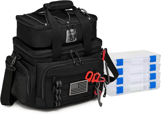 Fishing Tackle Bag, Equipped With 4 Tackle Boxes and Detachable Reel Storage Pouch, Waterproof Fishing Gear Organizer, Adjustable Shoulder Strap Fishing Bags for Saltwater & Freshwater