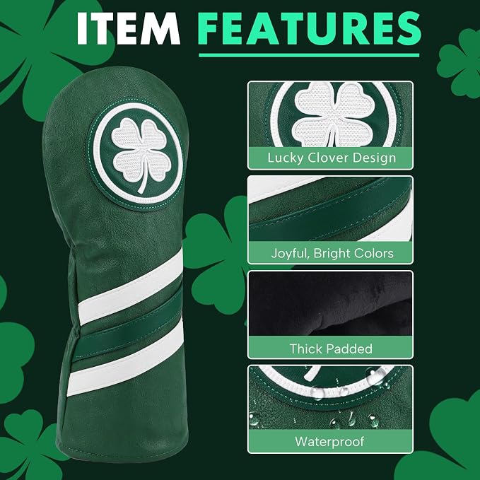 Headcovers, Leather Golf Club Covers, 1pc or 3pcs Set Lucky Clover Driver Headcover, 3 Wood Head Cover, Hybrid Rescue UT Headcover, Classic Golf Accessories