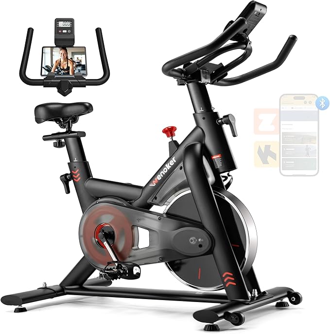Wenoker Exercise Bike for Home – 350LB Indoor Cycling Bike, Low Noise Stationary Spin Bike with App Sync, Adjustable Seat, LCD Monitor, Smooth & Quiet for Cardio Workout