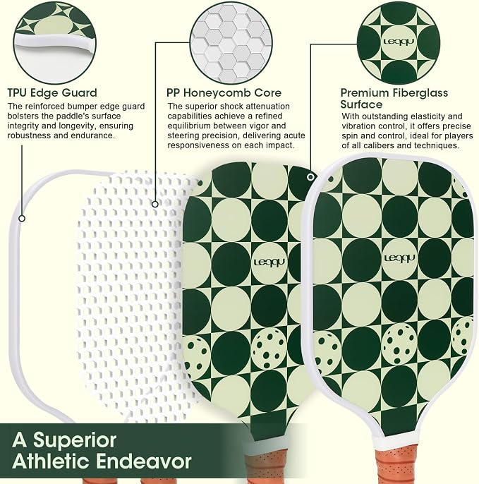 Fiberglass Pickleball Paddles Set of 2, Lightweight Pickle Ball Rackets Kit with Honeycomb Core Control Durable, 4 Outdoor Indoor Balls and Carrying Bag for Men Women