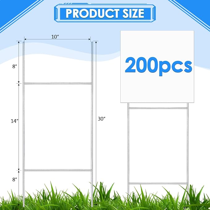 Therwen 200 Pcs H Stakes for Yard Signs 30'' x 10'' Metal Heavy Duty H Frame Wire Stakes Weatherproof Metal Holder for 250 Anniversary USA 4mm 5mm Corrugated Signs Board Guidepost Yard Decor