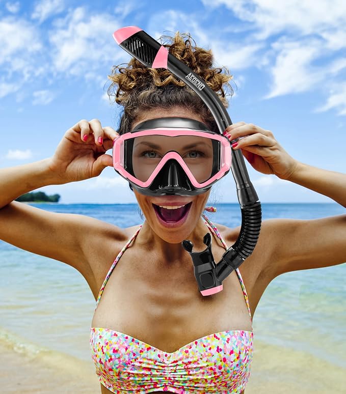 Aegend Snorkeling Gear for Adults Youth Kids, Snorkel Mask with Top Dry Valve - Panoramic View Anti-Leak and Anti-Fog with Mesh Bag for Snorkeling, Scuba Diving, Freediving & Swimming