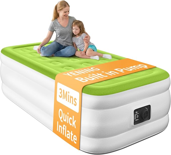 YENING Twin Size Air Mattress with Built in Pump Raised Single Inflatable Bed Blow up Mattressith Camping Airbed 18 Inch Tall