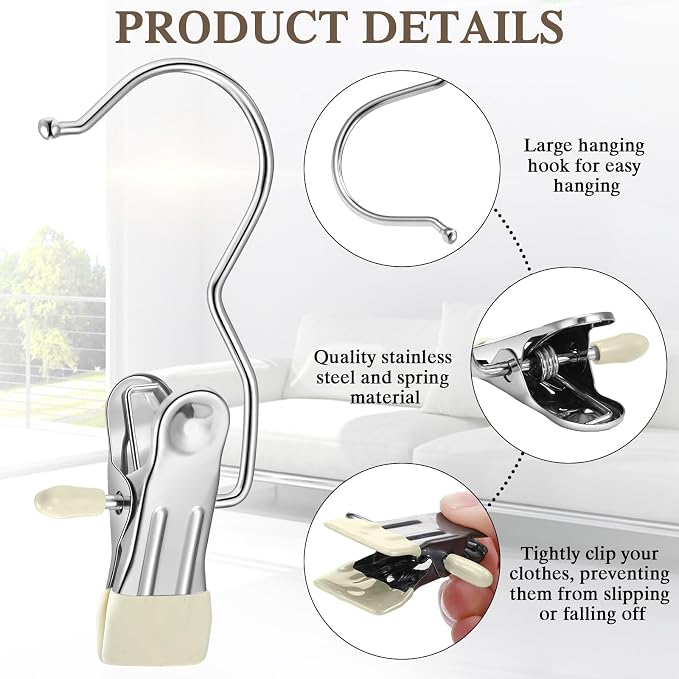 Yinder 150 Pcs Boot Hangers Clips Laundry Hooks Hanging Stainless Steel Clothes Pins Portable Clip Hangers for Closet Travel Socks Pants Handbags Hats Towels (Beige)