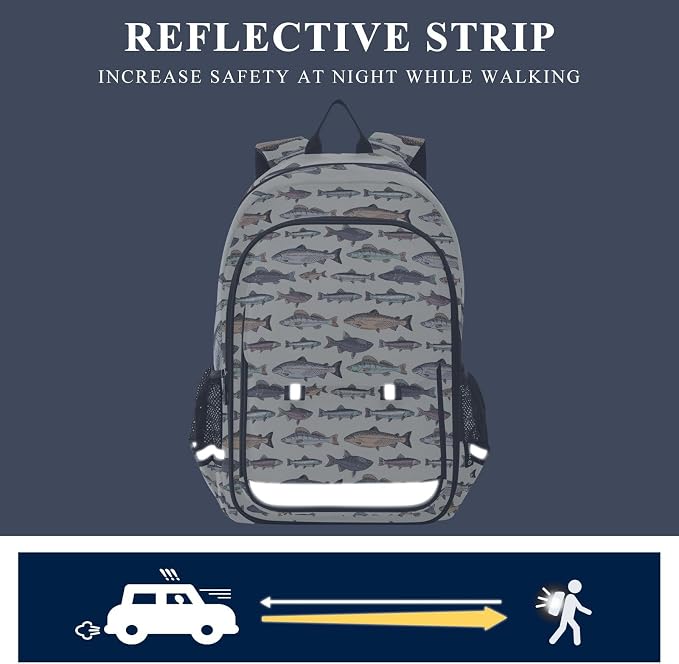 Vintage Fishes School Backpack Laptop Travel Daypack for Kids Girls Boys, Personalized Computer Notebooks Bookbag with Adjustable Padded Straps