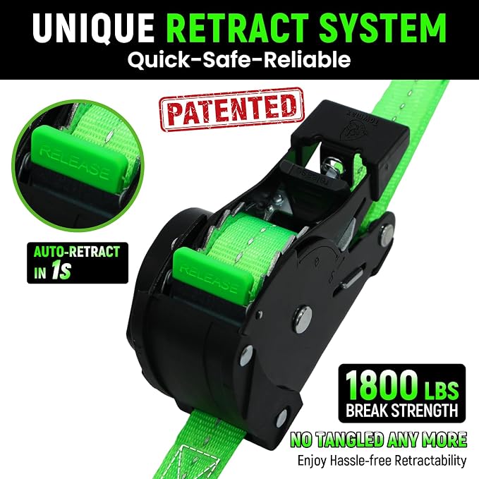 Retractable Ratchet Straps (Patented-4pack) - 1 inch x 10Feet (1,800lb Break Strength) Auto Self Retracting Tie Down Straps - Self Retractable Straps with Refletcive for Motorcyle, Truck or Cargo