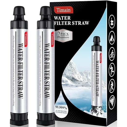 Timain 2 Pack 4-Stage Filtration, High Flow Rate Water Filter Straw, Water Purifier Survival for Emergency Kits, Travel, Camping, Hiking, Fishing, Hunting