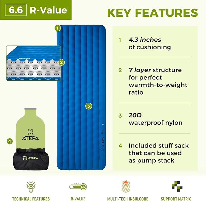 ATEPA ThermAir Pro Insulated Sleeping Pad for Backpacking, 6.6 R-Value 4” Thick Ultralight Quiet Camping Air Mattress with Pump Sack, Wide Long 77”x25”, 4-Season Sleeping Mat for Hiking Travel