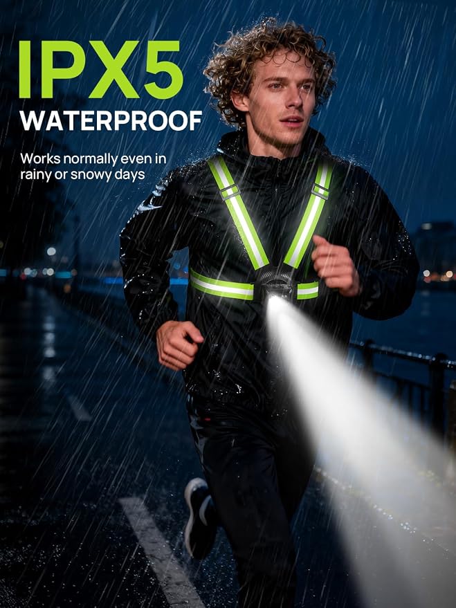 Acso Running Lights for Runners, 500 Lumens Running Light with 360°Reflective Vest, 45° Adjustable,IPX5 Waterproof Rechargeable Light Up Gear for Night Walking/Cycling/Jogging/Hiking