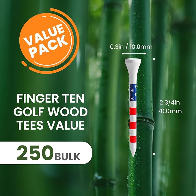 FINGER TEN Bamboo Golf Tees Wood 1 1/2 2 3/4 3 1/4 Inch Wooden Short Long Tee Color Bulk 250/500/1000/2000 Count for Men Women Kids in Red Pink USA Flag