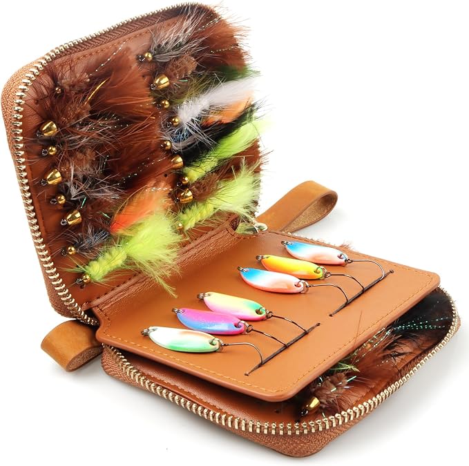 Lure Fly Fishing Leather Wallet Tackle Box Storage Spinner Bait Spoon Lures Flies Streamer Dry Fly Box Display Pocket Case Gifts for Men, Women (Size: 4.5"x3.9"x 0.7")