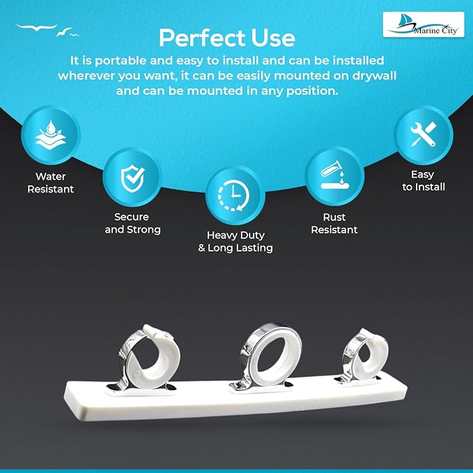 MARINE CITY Fishing Rod Storage Hanger Rack, 3-Rod Reel with White Poly Board, 316 Stainless Steel, Length 2.71 Inches for Boats Yachts Cars & Marine Use