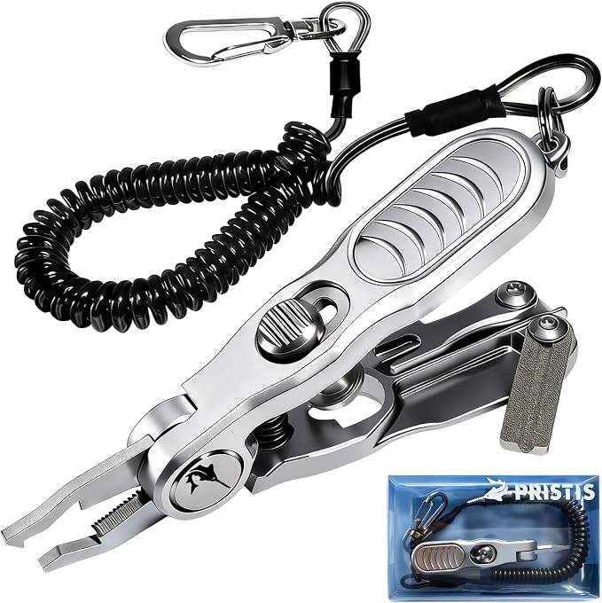 Pristis 4-in-1 Fishing Line Cutter, Fly Tying Scissors with O Ring Spliter, Nippers, Lure Eye Cleaner and Hook Sharpner Kit, Stainless Steel Braided Mono Fluoro Clippers, Pliers Tool Accessories