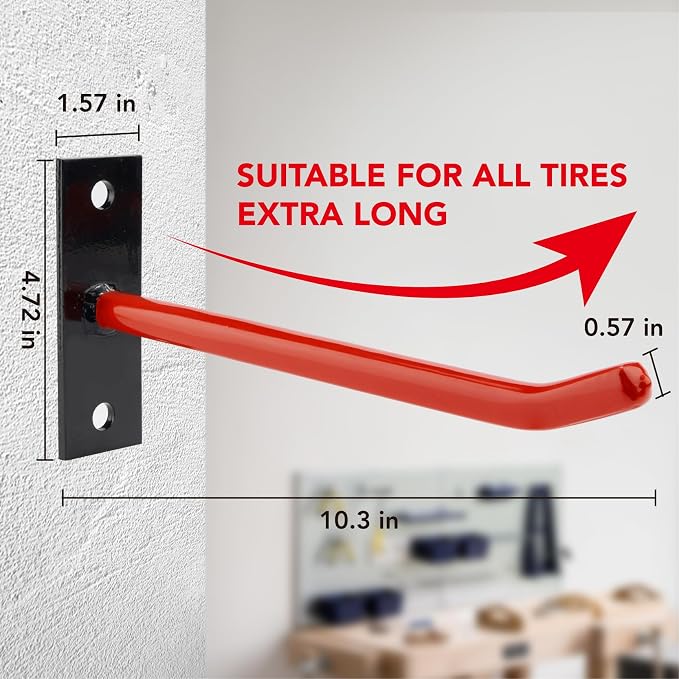 Sinoer 10-Inch Heavy Duty Steel Tire Rack Wall Mount (4-Pack) – Anti-Slip Garage Tires Hooks for Tire, Wheel, Ladder, Bike & Tool Storage – Garage Wall Mount Tire Wheel Storage Rack up to 110Lbs,Red