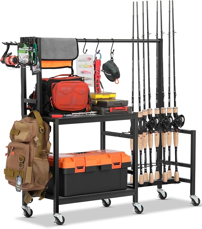 EXTCCT Fishing Rod Holders for Garage, Fishing Pole Rack Holds Up to 16 Rods with Hooks, Heavy Duty Rolling Fishing Cart with Wheels, Fishing Equipment Storage for Man's Gift (Black)