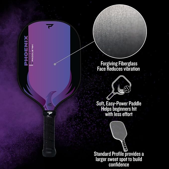 Paddletek Phoenix Genesis 2 – 14mm Pickleball Paddle – Fiberglass Composite Face – Easy Power & Soft Feel – USAPA Approved Pickle Ball Paddle – 5.25 Inch Handle