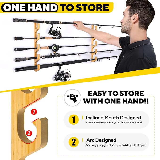 PLUSINNO H5W Horizontal Fishing Rod/Pole Holders for Garage, Wall or Ceiling Mounted Rack, Solid Wood Fishing Rod Holder Holds up to 5/10/20 Rods or Combos Fishing Gear, Gifts for Men