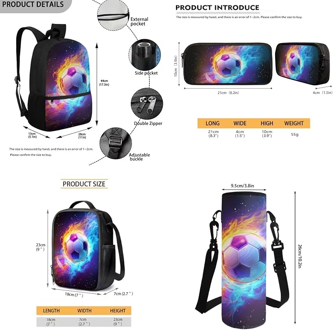 Soccer Backpack for Boys Girls School Bag with Lunch Bag Pencil Case Water Bottle Holder 4 Piece School Daypack Travel Bag Satchel Bagpack
