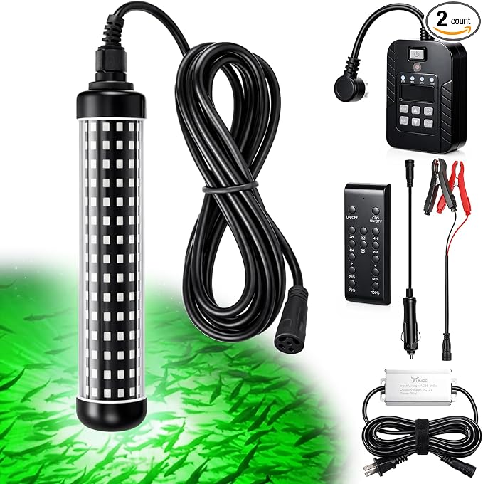Tuanse Underwater Fishing Light with Timer & Remote 36W Green Super Bright LED IP68 Waterproof 30ft Cable for Night Fishing on Docks Boats & Kayaks (110V/12V/Car)