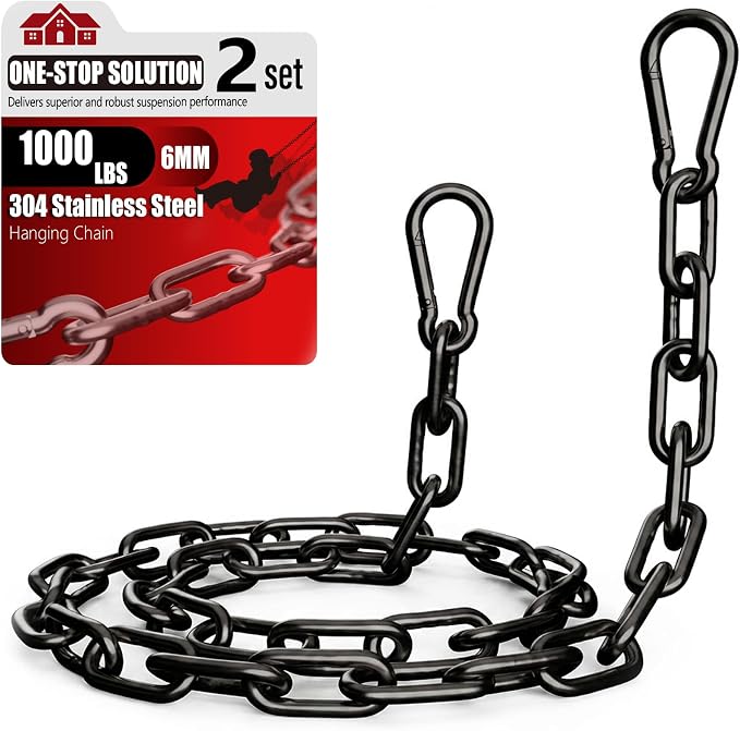 sprookber 1000LB Heavy Duty Hanging Swing Chain, 6mm Thick 304 Stainless Steel Hanging Chain with 4 Carabiners, 45" Hardware Kit for Hammock, Hanging Chair, Punching Bags, Tree, Indoor & Outdoor