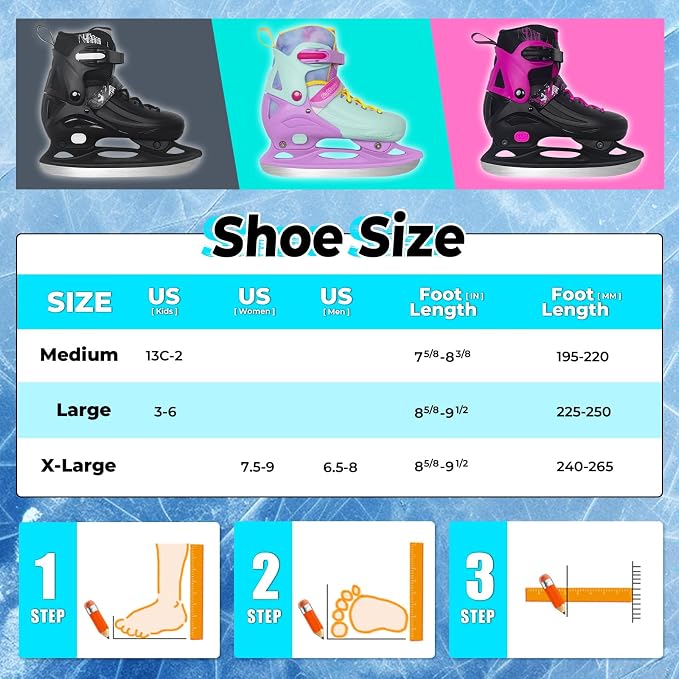 Nattork Ice Skates 4 Sizes Adjustable for Kids Boys Girls, Fun Beginner Ice Skating for Outdoor, Soft and Comfortable Hard Protection for Children Youths Teen
