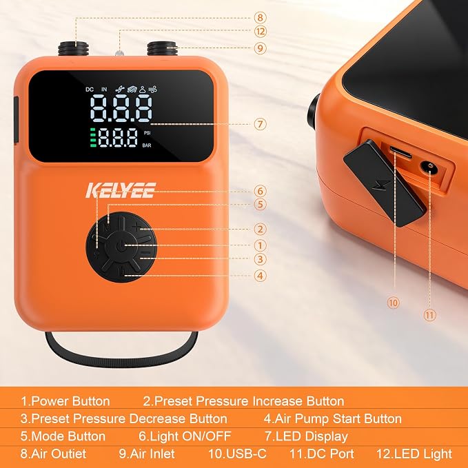 Cordless SUP Air Pump 20PSI Battery Powered, High Pressure Electric Paddle Board Pump with Auto Shut-Off, Fast Inflate/Deflate, USB-C & 12V DC for SUP, Kayak, Boat