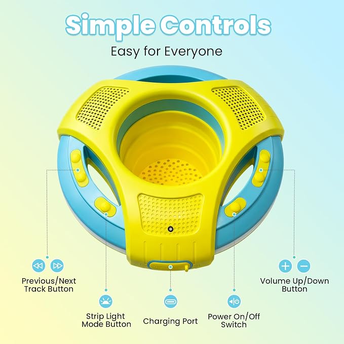 Mambobaby Floating Bluetooth Speaker with Collapsible Cup Holder, IPX7 Waterproof Shower Speaker with 360° Sound & LED Lights, Pool, with Versatile Hanging Strap, Great Gift for All Ages(Yellow Blue)