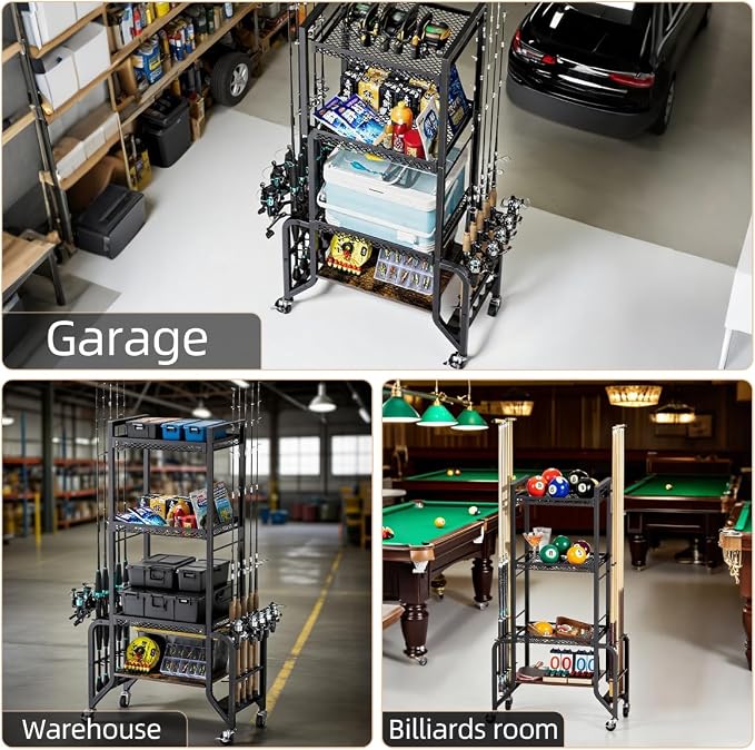 Fishing Gear Storage Fishing Pole Holders for Garage- Rod Holder up to 10 Rods with Wheels and 4 layer of large capacity Shelf，Fishing Organizer for Large Tackle Box -Fishing Gear Storage