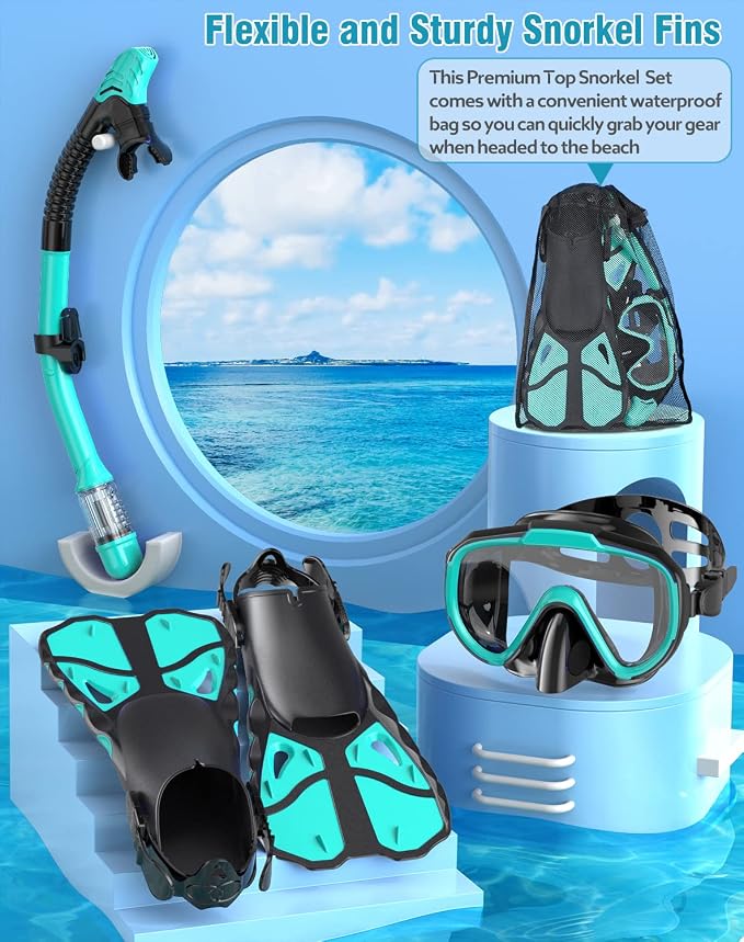Snorkel Set with Fins for Adults, Snorkeling Gear for Adults Men and Women, Snorkle, Mask Set Adults Dry Top Snorkel Mask Combo Set with Travel Bag for Snorkeling, Diving, Swimming