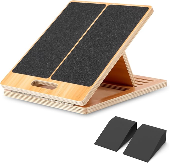 StrongTek Portable Wooden Slant Board & Yoga Foam Wedge Blocks (Pair) – 5 Angles Adjustable, Non-Slip, 350 lbs Capacity, for Stretching, Rehabilitation, Balance, and Strength Training