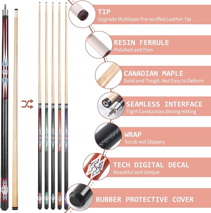 Kmise Pool Stick Set of - 58" Pool Cue Stick, Canadian Maple Professional Billiards Pool Cue, Pool Sticks for Adults, 18~21oz Multiple Colors