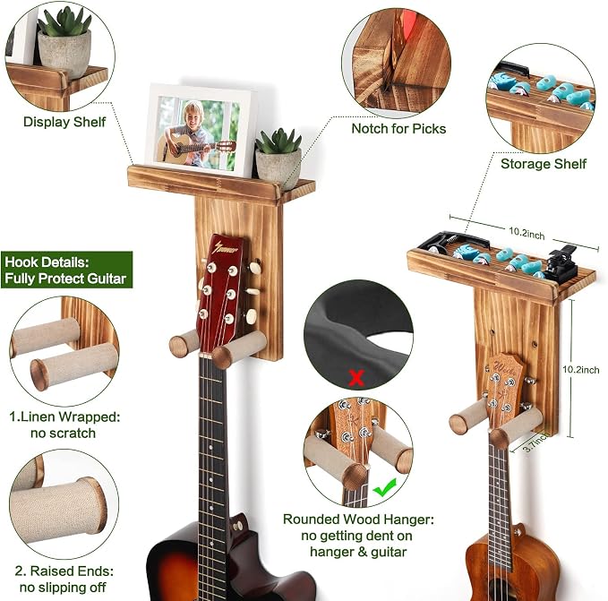 Keebofly 3-Pack Guitar Wall Mount Hangers - Rustic Wood Brown Guitar Stand with Pick Holder - Acoustic, Electric, Ukulele, Bass & Mandolin [Patented]