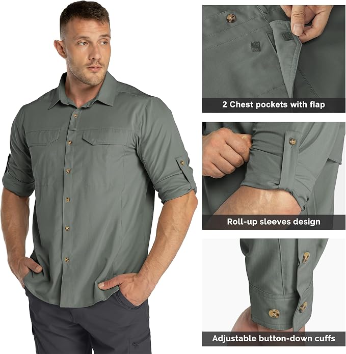 33,000ft Men's Long Sleeve Hiking Shirts Lightweight Quick Dry Sun Protection UV UPF 50 Fishing Shirt Outdoor Safari Travel