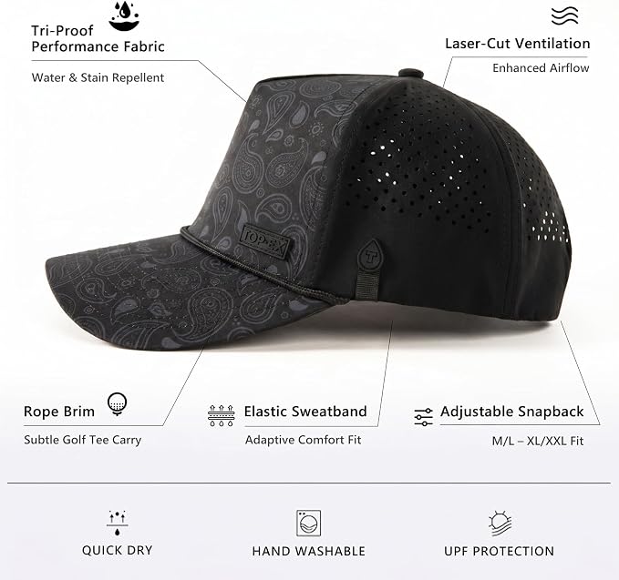 TOP-EX Performance Baseball Hat for Men Water Resistant Golf Cap Running Cooling Snapback Laser Perforated
