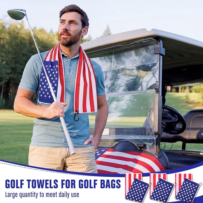 Batiyeer 3 Pack American Flag Golf Towels Independence Day Caddy Towels Gifts Large 16 x 24 Waffle Pattern with Carabiner Clip, Ultra-Absorbent Golf Gear for Men Fourth of July Gifts, Red Blue White
