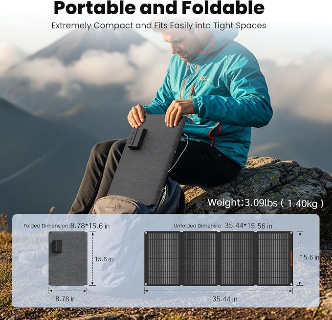 SOKIOVOLA 60W Portable Solar Panels NextGen Foldable Solar Panel Charger Kit 25% Efficiency with DC USB-C USB-A Output ETFE IP68 Waterproof Solar Panel for Travel Outdoor Camping RV Trip