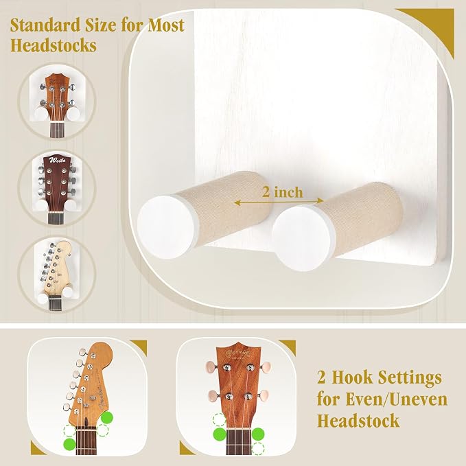 Keebofly Guitar Wall Mount 3-Pack - Rustic Wood Guitar Hanger with Pick Holder for Acoustic, Electric, Bass Guitars & Ukulele (Matte White, Screw-Mounted) [Patented]