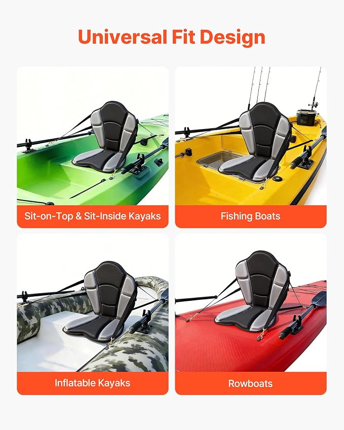 VEVOR Kayak Seat, Universal Paddle Board Seat with Adjustable Back Support, Multiple Thickness Options (0.5” to 2.6”), Soft Padded Cushion & Storage Bag for SUP, Canoe, Fishing Boat, Inflatable Kayak