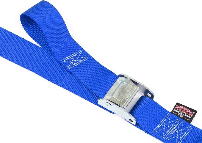 PowerTye Cam Buckle Tie Down Straps – 2 inch x 12ft Straps with Latch Hooks – Ideal for Motorcycle, ATV, Trailers, and Truck Bed Cargo – 600 lb WLL & 1,800 lb Break Strength – USA Made, Blue (Pair)