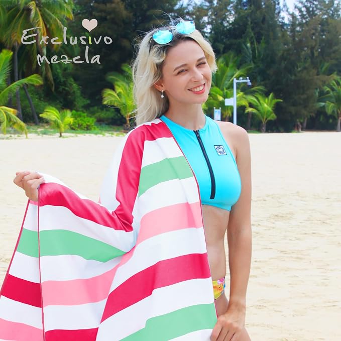 Exclusivo Mezcla Microfiber Quick Dry Beach Towel, Oversized Lightweight Sandfree Pool Towel for Swimming Camping Travel with Bag (Stripe Pink, 35x70 Inches)