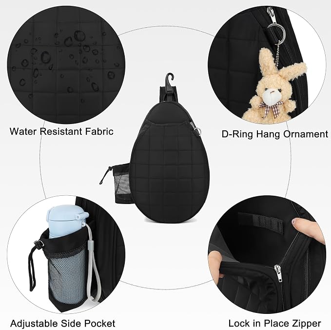 Rejolly Tennis Racket Sling Bag for Women Men Quilted Water Resistant Racquet Cover One Shoulder Crossbody Bag for 2 Tennis Rackets, Pickleball Paddles, Badminton Racquet